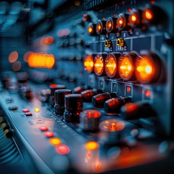 A close up of a mixing board with orange lights photo