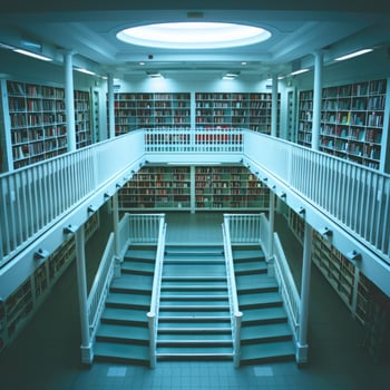 There is a library that features stairs leading up to the second floor photo