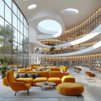 An artists creative impression of a library featuring yellow furniture photo