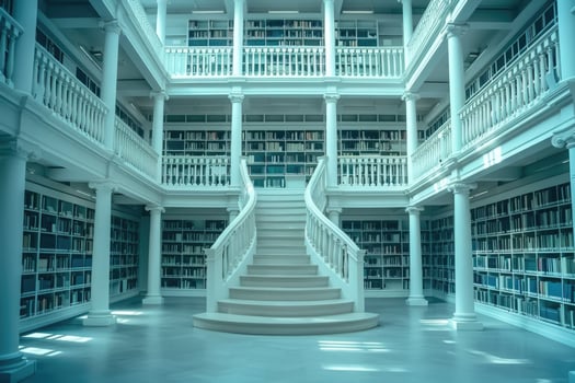 There is a library that features stairs ascending to the second floor photo