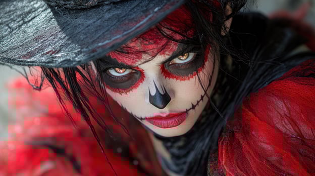 A performer showcases striking face paint and attire at an autumn outdoor festival photo