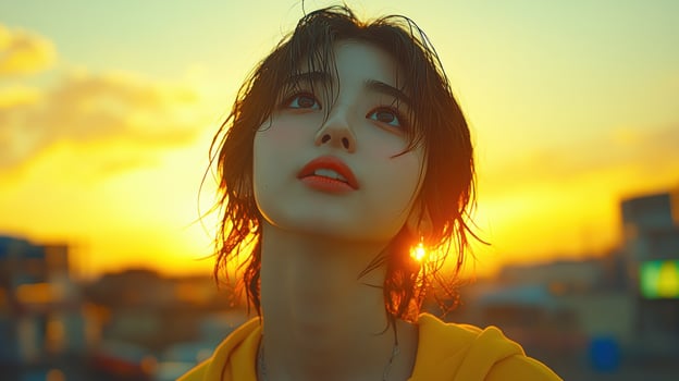 A woman stares at the sunset while wearing a yellow hoodie against a colorful sky photo
