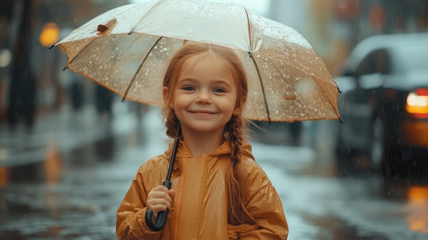 A young girl with a smile stands under an umbrella on a rainy urban street photo