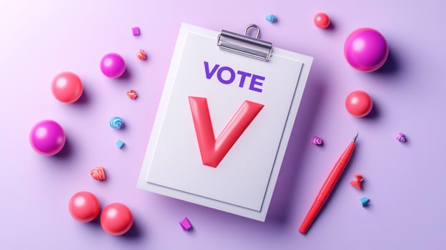 A clipboard showcases a bright red Vote message surrounded by colorful decorations photo