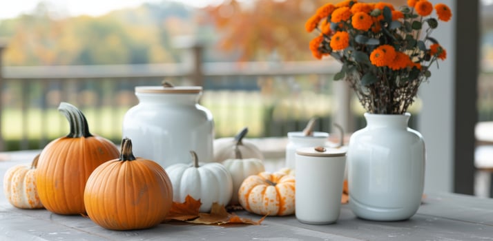 Autumn Harvest Table Decor With Pumpkins and Wine Glasses in Cozy Setting photo