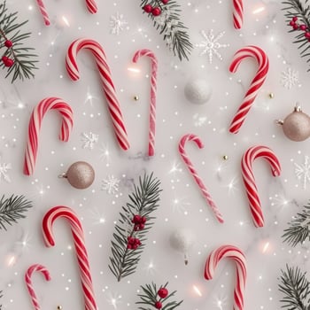 Festive Flat Lay of Candy Canes and Holiday Decorations on a Winter Background photo