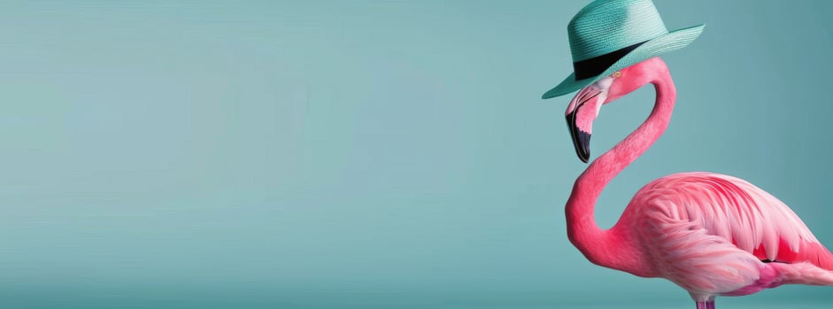 Playful Pink Flamingo Wearing a Straw Hat Against a Turquoise Background photo