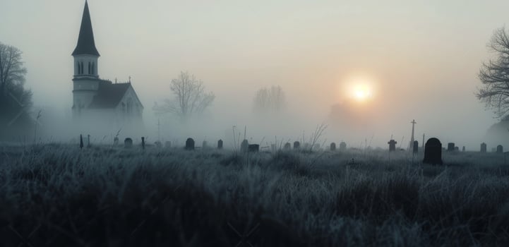 Misty Sunrise Over Old Church and Graveyard in Rural Landscape photo