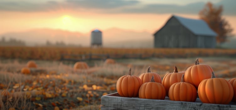 Freshly Harvested Pumpkins in a Rustic Wooden Crate at an Autumn Farm photo