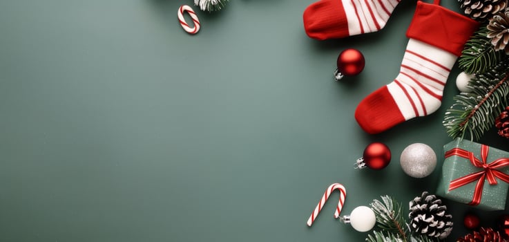 Christmas Stocking Surrounded by Decorations and Candy Canes on Dark Green Surface photo