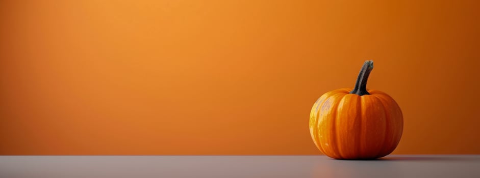 Vibrant Orange Pumpkin on Wooden Table Against Bright Orange Background photo