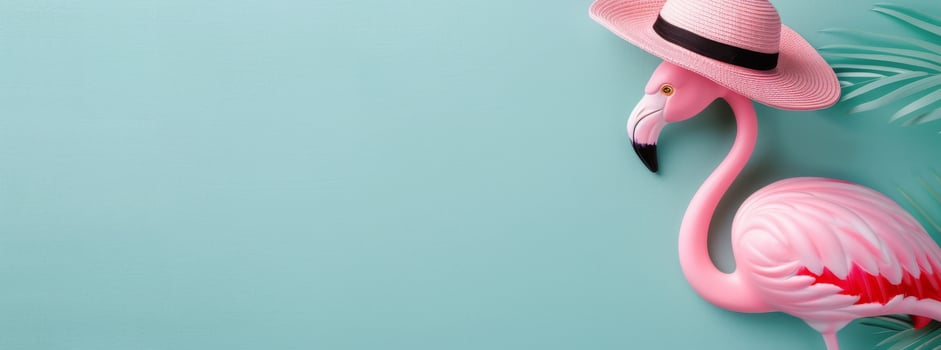 Flamingo Wearing Straw Hat Against Pastel Background photo