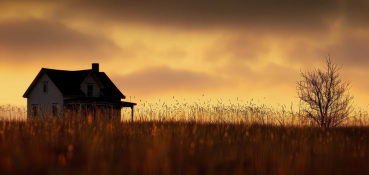 Solitary House in a Misty Field at Sunset With Birds Flying Overhead photo