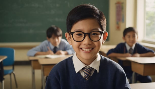 A young Asian boy wearing glasses and a shirt, smiling. photo
