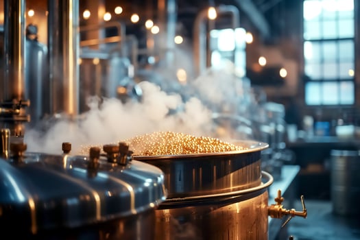 Industrial brewing equipment in a brewery with steam rising from a large metal vat, illuminated by warm lighting photo