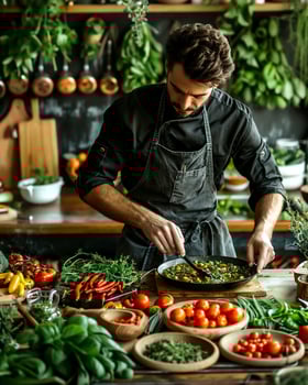 The chef meticulously prepares a dish in a vibrant kitchen surrounded by fresh vegetables and herbs, showcasing culinary artistry and passion photo