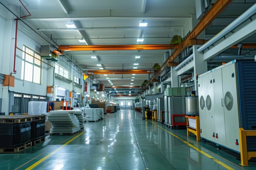 Modern industrial warehouse interior with polished floors and high ceilings photo