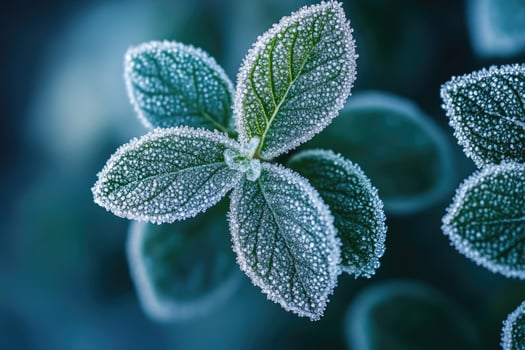 Frost covering green plant leaves on cold winter morning photo
