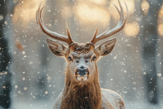 Majestic red deer standing in snowfall with antlers covered in snow photo
