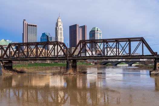 Columbus Ohio waterfront view of the downtown financial district from the River Scioto through a railroad truss bridge photo