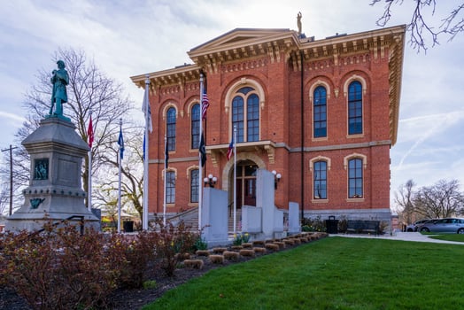 Delaware, Ohio - 8 April 2024. Facade and entrance of the Delaware County Courthouse in Delaware, OH photo