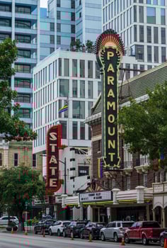 Austin, Texas - 15 June 2024. Signs for Paramount and State Theater and Cinema on Congress Avenue in Austin TX photo