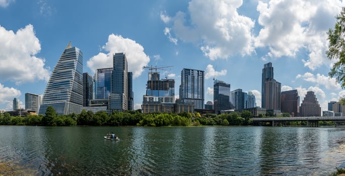 Austin, TX - 15 June 2024. Modern buildings and offices by the Colorado River in cityscape skyline of Austin Texas photo
