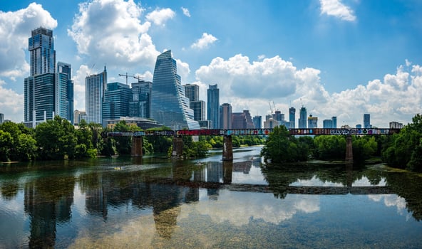Austin, TX - 15 June 2023. Modern apartment buildings and offices by the Colorado River in cityscape skyline of Austin Texas photo
