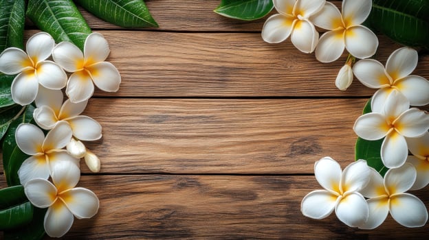 A wooden background with a bunch of white flowers on it photo