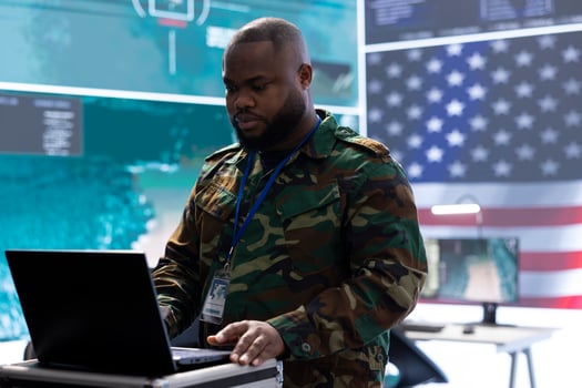 Military cybersecurity specialists manage data protection and gathering intelligence from cctv footage and a world map. Ensuring national security from a high tech US army command post. photo