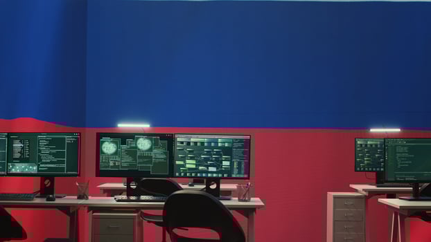 Empty governmental hacking room with Russian flag on big screen, highlighting cyber terror and misinformation. Russian federation manipulating with disinformation campaigns. Hybrid warfare. Camera A. photo