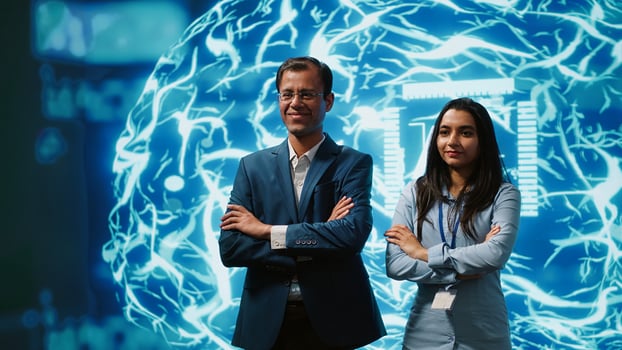 Admins using artificial intelligence computing simulating human brain thought processes in computerized model. Portrait of employees working with AI machine learning algorithms, camera A photo