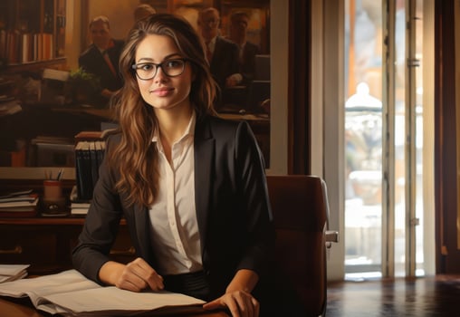 In her chic office, the accomplished businesswoman meticulously organizes documents, epitomizing professionalism and efficiency.Generated image photo