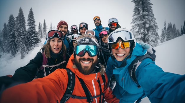 Friends capture snowy mountain joy in a cheerful group selfie amid the wintry alpine landscape. photo