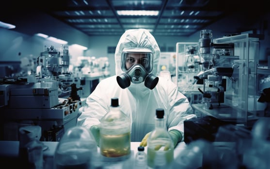 Mysterious doctor in a suit examines hazardous materials using a microscope in a professional office setting. photo