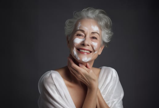 Elderly woman applies facial cream, gracefully embracing a skincare routine photo