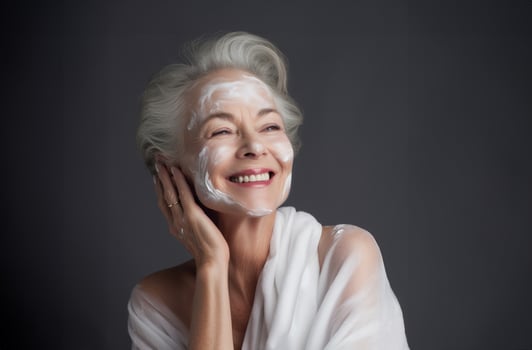 Elderly woman applies facial cream, gracefully embracing a skincare routine photo