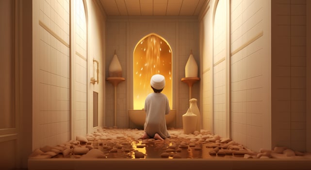 A serene moment captured in a photograph, depicting a little girl engaged in the Islamic ritual of abdest, symbolizing purity and spiritual cleansing before prayer.Generated image photo