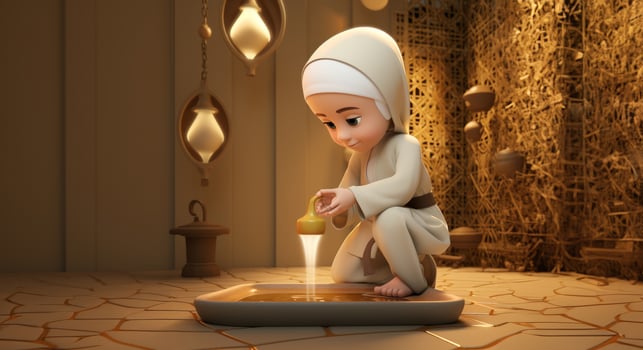 A serene moment captured in a photograph, depicting a little girl engaged in the Islamic ritual of abdest, symbolizing purity and spiritual cleansing before prayer.Generated image photo