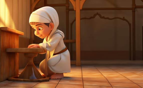A serene moment captured in a photograph, depicting a little girl engaged in the Islamic ritual of abdest, symbolizing purity and spiritual cleansing before prayer.Generated image photo
