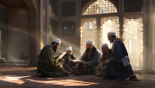In the serene ambiance of a mosque during the holy month of Ramadan, a group of Muslim worshipers gathers, immersed in the spiritual practice of reading the Quran, fostering a sense of photo