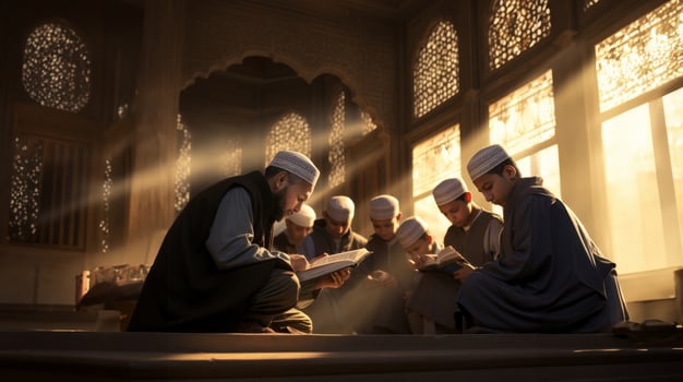 In the serene ambiance of a mosque during the holy month of Ramadan, a group of Muslim worshipers gathers, immersed in the spiritual practice of reading the Quran, fostering a sense of photo