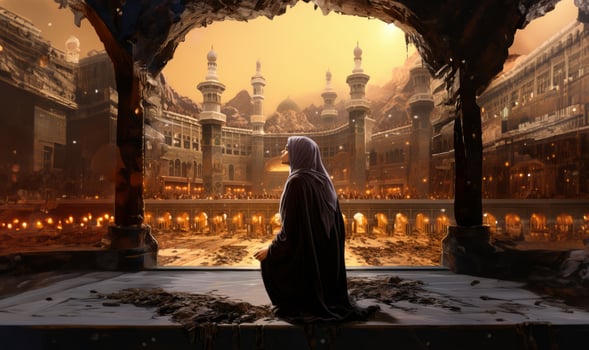 In a poignant moment of devotion, a girl wearing a hijab offers her prayers in front of the Kaaba, encapsulating the spiritual essence of Islamic worship at this sacred pilgrimage site in photo