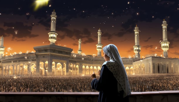 In a poignant moment of devotion, a girl wearing a hijab offers her prayers in front of the Kaaba, encapsulating the spiritual essence of Islamic worship at this sacred pilgrimage site in photo