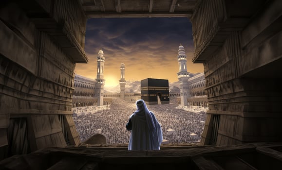 Muslim Man in Traditional Attire Praying Toward the Holy Kaaba.Generated image photo