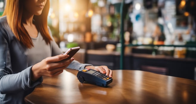 Closeup of a Woman Using a Smartphone to Pay the Bill at a RestaurantGenerated image photo