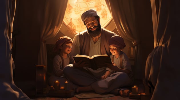 Muslim Parents Teaching Their Children to Read the Quran Together.Generated image photo
