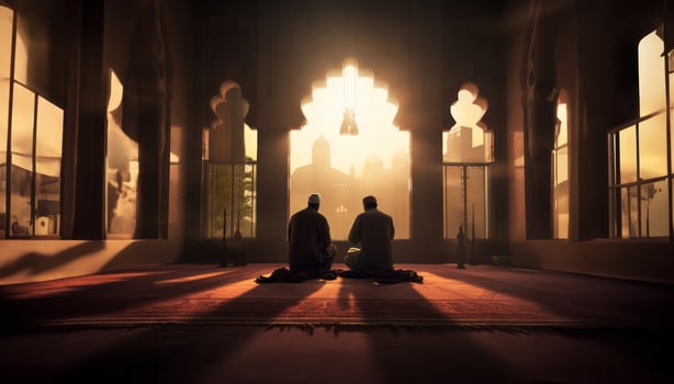 Muslim couple in traditional attire engaged in prayer, illuminated by sunlight streaming through the window, embodying devotion and spirituality.Generated image photo