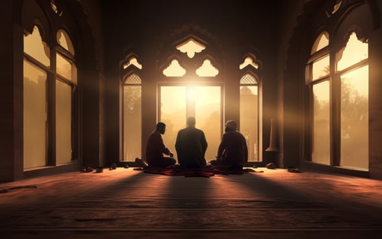 Muslim couple in traditional attire engaged in prayer, illuminated by sunlight streaming through the window, embodying devotion and spirituality.Generated image photo