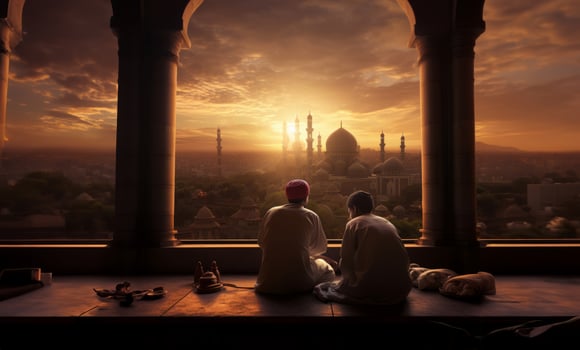 Muslim couple in traditional attire engaged in prayer, illuminated by sunlight streaming through the window, embodying devotion and spirituality.Generated image photo